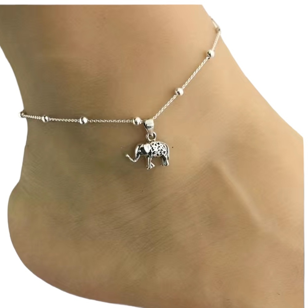 Silver Beaded Anklet with Elephant Charm